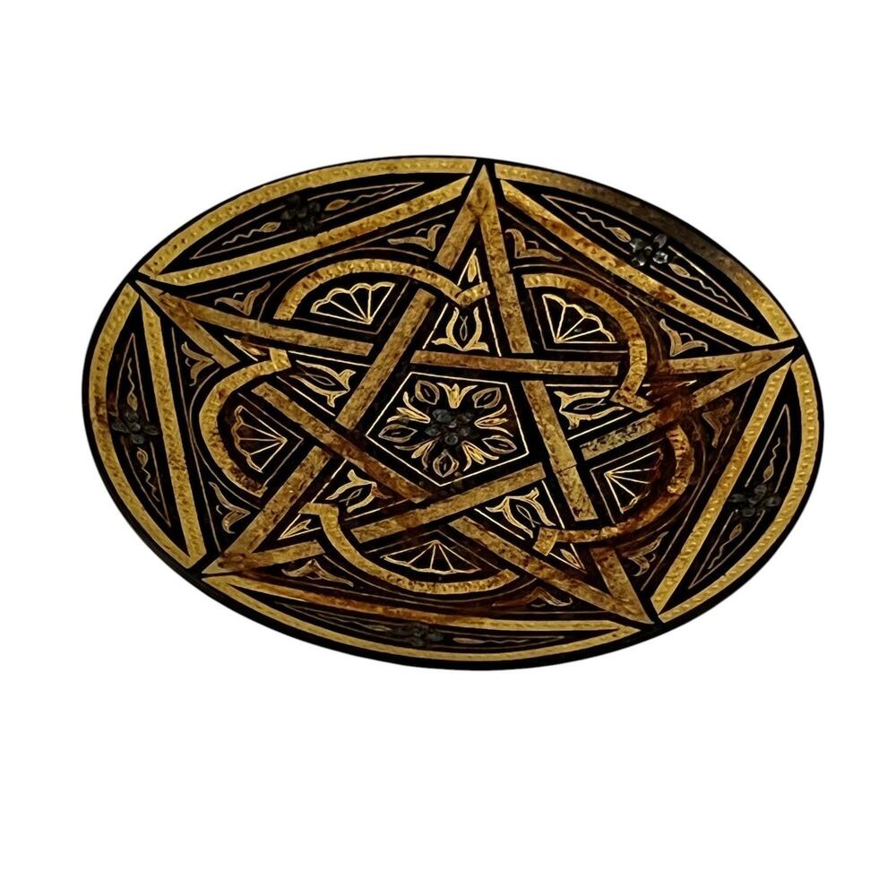 Vintage Brass Footed Trinket Dish Black Gold Geometric Moroccan Inspired 3.25"